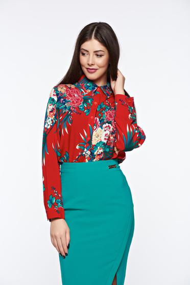 Camasa dama rosie casual lunga din bumbac cu croi larg