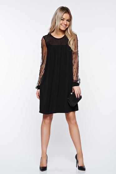 Rochie StarShinerS neagra eleganta cu croi larg din voal si tul cu aplicatii cu perle
