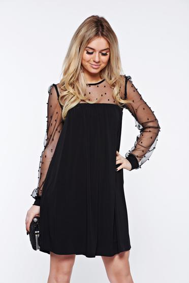 Rochie StarShinerS neagra eleganta cu croi larg din voal si tul cu aplicatii cu perle