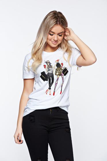 Tricou alb casual cu croi larg din bumbac elastic cu aplicatii cu paiete