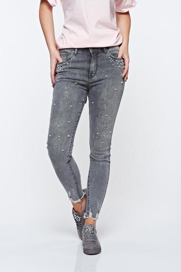 poze cu Blugi gri skinny din bumbac elastic cu talie medie cu aplicatii cu perle