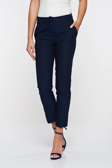 Pantaloni Artista albastri-inchis office conici cu talie medie din stofa usor elastica cu buzunare