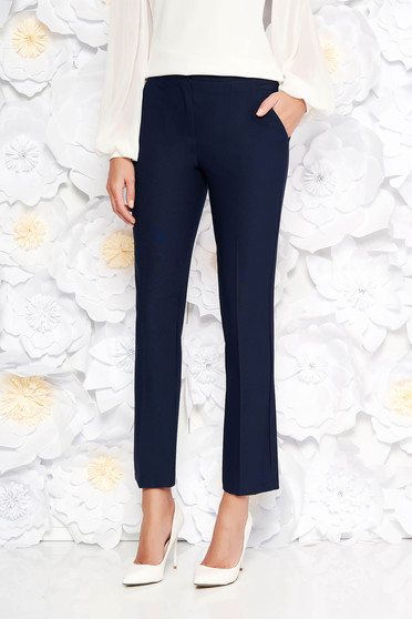 Pantaloni Artista albastri-inchis office cu un croi drept cu talie medie din stofa usor elastica cu buzunare