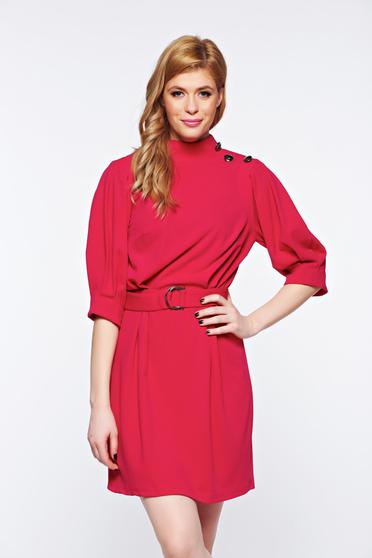 Rochie Artista roz eleganta din material elastic cu maneci bufante accesorizata cu cordon