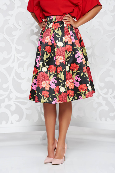 Fusta LaDonna neagra eleganta in clos din material satinat cu buzunare