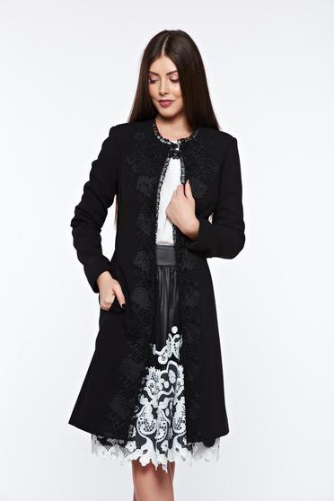 Trench LaDonna negru elegant cu buzunare captusit pe interior cu aplicatii cusute manual