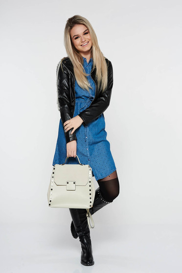 Geaca Ocassion neagra casual din piele ecologica captusita pe interior accesorizata cu lanturi si perle