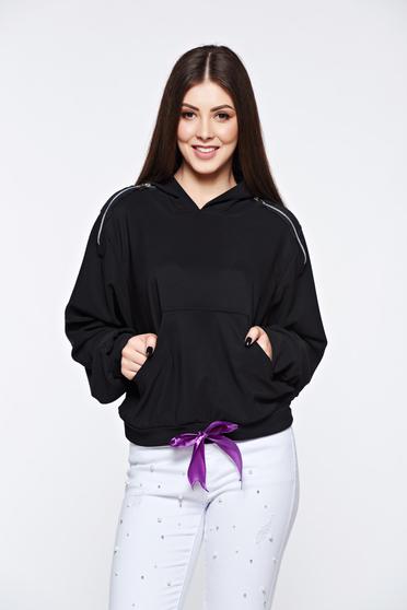 Hanorac Ocassion negru casual din bumbac cu croi larg cu gluga nedetasabila