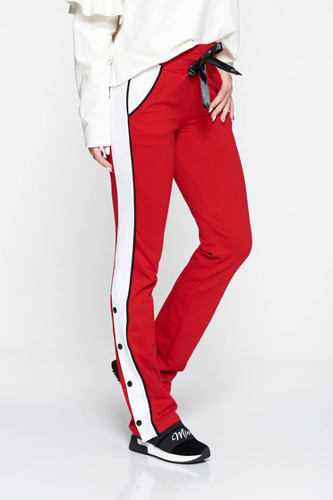 Pantaloni Ocassion rosii casual din bumbac cu buzunare cu elastic si snur in talie