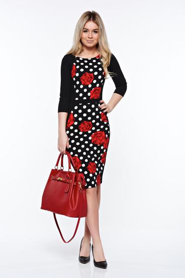 Rochie StarShinerS neagra office tip creion din material usor elastic cu print