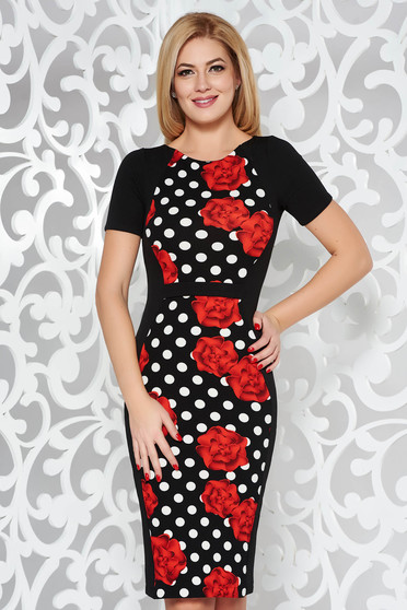Rochie StarShinerS neagra office tip creion din material usor elastic cu print