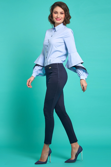 poze cu Camasa dama PrettyGirl albastra-deschis office din bumbac neelastic cu maneci decupate
