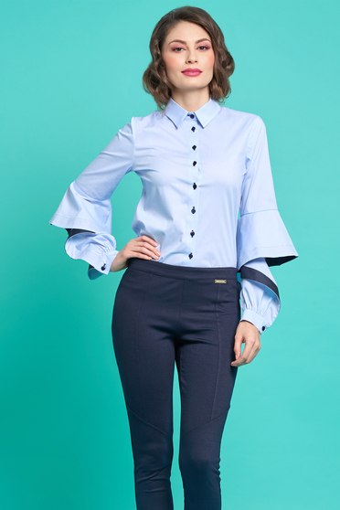 poze cu Camasa dama PrettyGirl albastra-deschis office din bumbac neelastic cu maneci decupate
