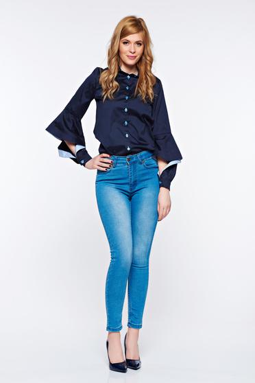 poze cu Camasa dama PrettyGirl albastra-inchis office din bumbac neelastic cu maneci decupate