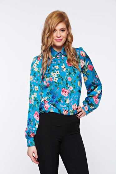 Camasa dama PrettyGirl albastra-inchis office cu croi larg din material vaporos neelastic