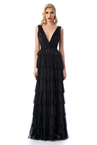Rochie Ana Radu neagra de lux din tul captusita pe interior cu decolteu adanc cu volanase