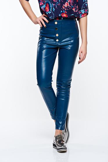 Pantaloni PrettyGirl albastri casual conici cu talie inalta din piele ecologica