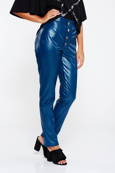 Pantaloni PrettyGirl albastri casual conici cu talie inalta din piele ecologica