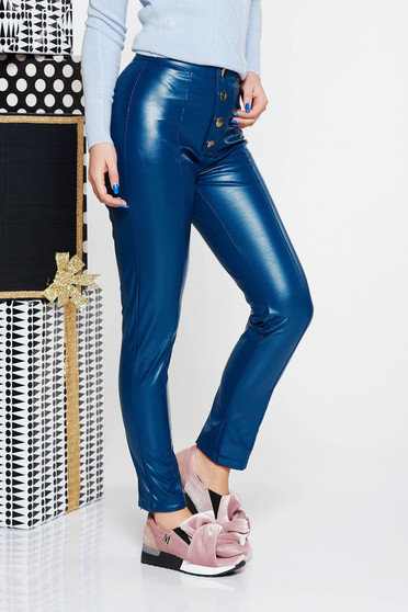 Pantaloni PrettyGirl albastri casual conici cu talie inalta din piele ecologica