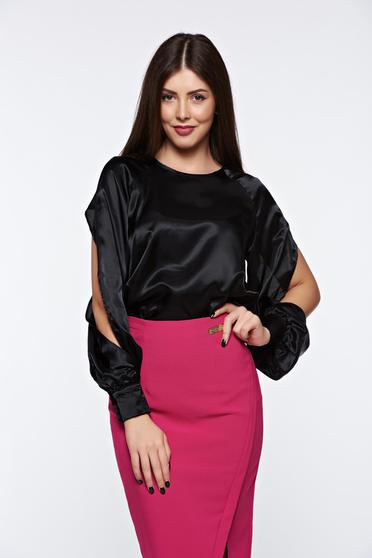 Bluza dama PrettyGirl neagra eleganta cu croi larg din material satinat cu maneci decupate