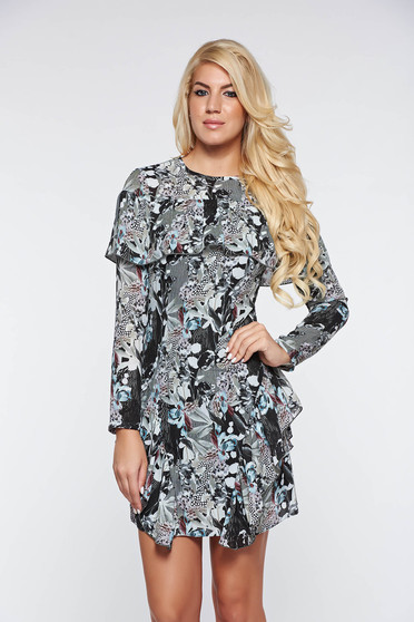 Rochie PrettyGirl neagra de zi din material vaporos captusita pe interior cu volanase