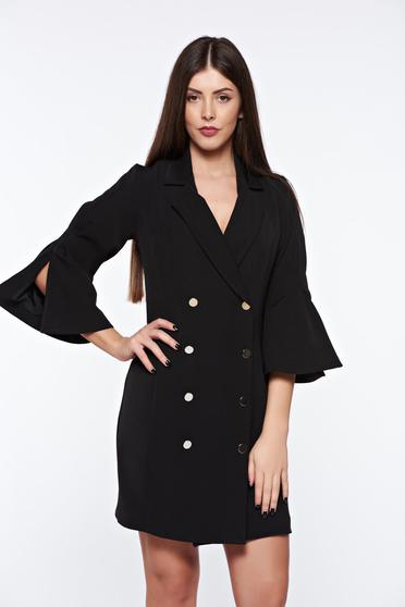 Rochie PrettyGirl neagra eleganta tip sacou captusita pe interior cu maneci decupate
