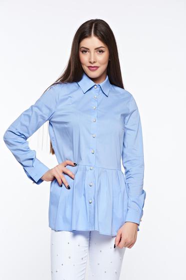 Camasa dama PrettyGirl albastra-deschis casual cu croi larg din bumbac cu peplum