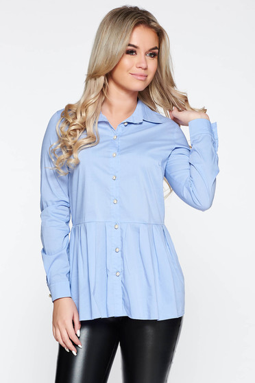 Camasa dama PrettyGirl albastra-deschis casual cu croi larg din bumbac cu peplum