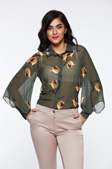 Camasa dama PrettyGirl khaki eleganta cu croi larg din material vaporos si transparent