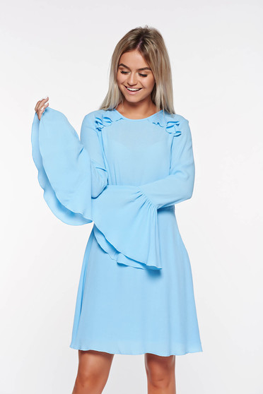 Rochie PrettyGirl albastra-deschis din voal cu spatele gol captusita pe interior cu maneci clopot
