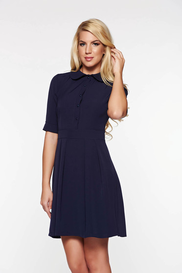 Rochie PrettyGirl albastra-inchis office in clos din material usor elastic cu guler rotunjit