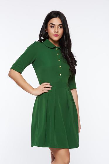 Rochie PrettyGirl verde-inchis office in clos din material usor elastic cu guler rotunjit