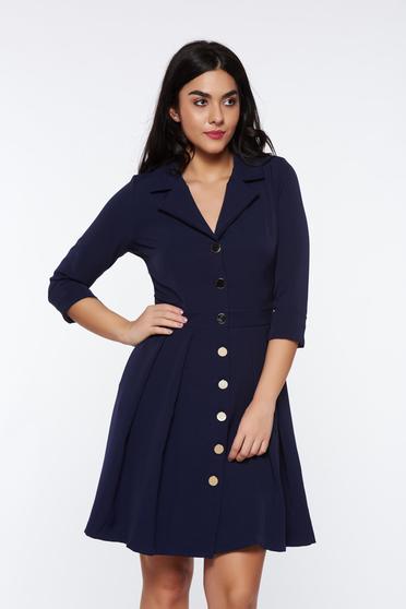 Rochie PrettyGirl albastra-inchis office din material usor elastic cu decolteu in v cu buzunare