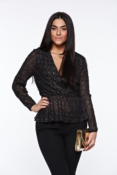 Bluza dama StarShinerS neagra eleganta din dantela cu fir lame cu elastic in talie