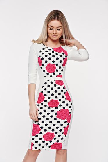 Rochie StarShinerS alba office tip creion din material usor elastic cu un croi mulat