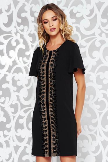 Rochie StarShinerS neagra eleganta cu croi larg din material usor elastic cu aplicatii de dantela