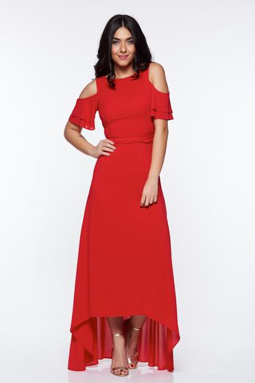 Rochie StarShinerS rosie de ocazie asimetrica cu umeri decupati captusita pe interior