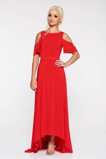 Rochie StarShinerS rosie de ocazie asimetrica cu umeri decupati captusita pe interior
