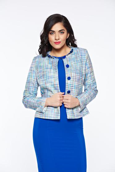 Sacou LaDonna albastru elegant din bumbac captusit pe interior cu aplicatii cusute manual
