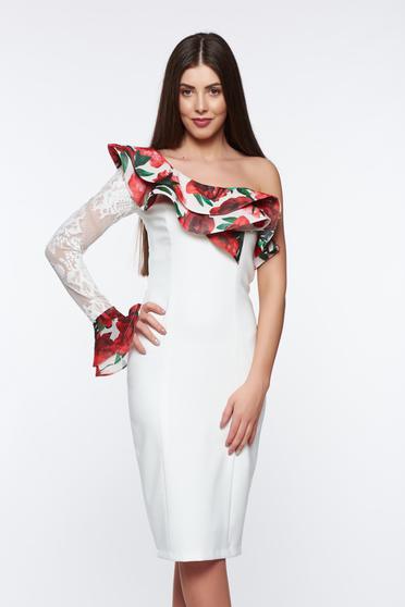 Rochie LaDonna alba eleganta tip creion din stofa usor elastica captusita pe interior cu aplicatii de dantela