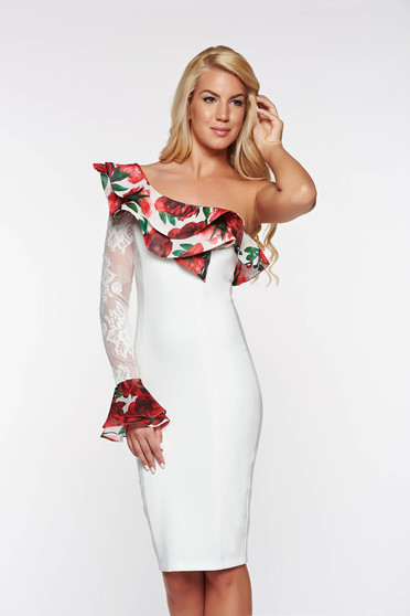 Rochie LaDonna alba eleganta tip creion din stofa usor elastica captusita pe interior cu aplicatii de dantela