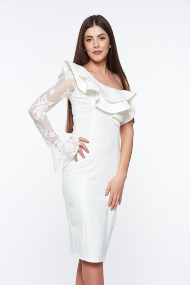 Rochie LaDonna alba tip creion eleganta din stofa usor elastica captusita pe interior cu aplicatii de dantela