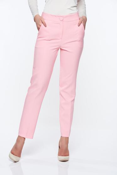 Pantaloni Artista roz office conici cu talie medie din stofa usor elastica cu buzunare