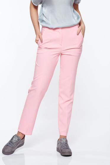 Pantaloni Artista roz office conici cu talie medie din stofa usor elastica cu buzunare