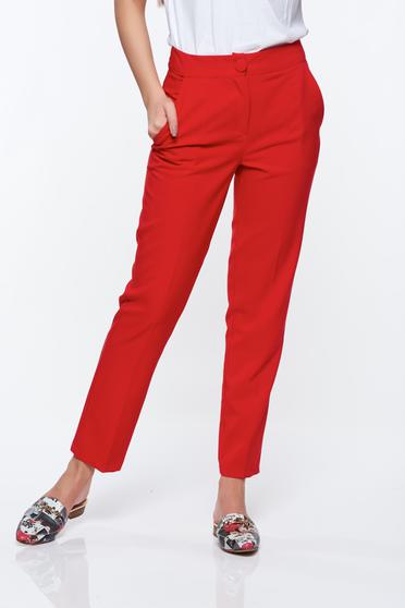 Pantaloni Artista rosii office conici cu talie medie din stofa usor elastica cu buzunare