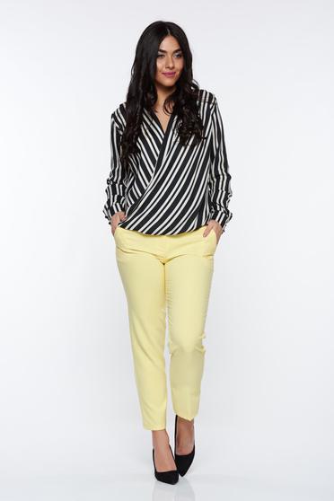 Pantaloni Artista galbeni office conici cu talie medie din stofa usor elastica cu buzunare