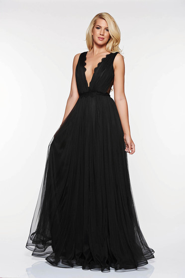 Rochie Ana Radu neagra de lux din tul captusita pe interior cu aplicatii de dantela
