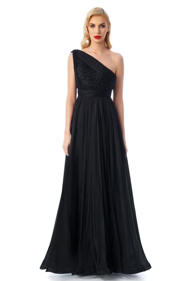 Rochie Ana Radu neagra de lux in clos din tul captusita pe interior cu aplicatii cu margele