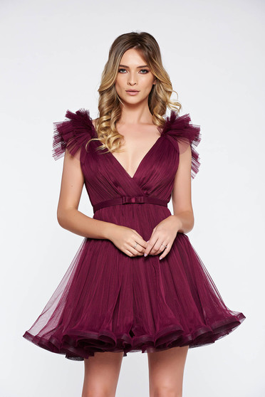Rochie Ana Radu mov de lux in clos din tul captusita pe interior cu decolteu adanc