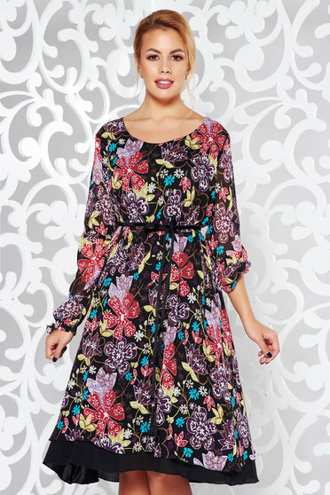 Rochie StarShinerS neagra de zi cu croi larg din voal captusita pe interior accesorizata cu cordon